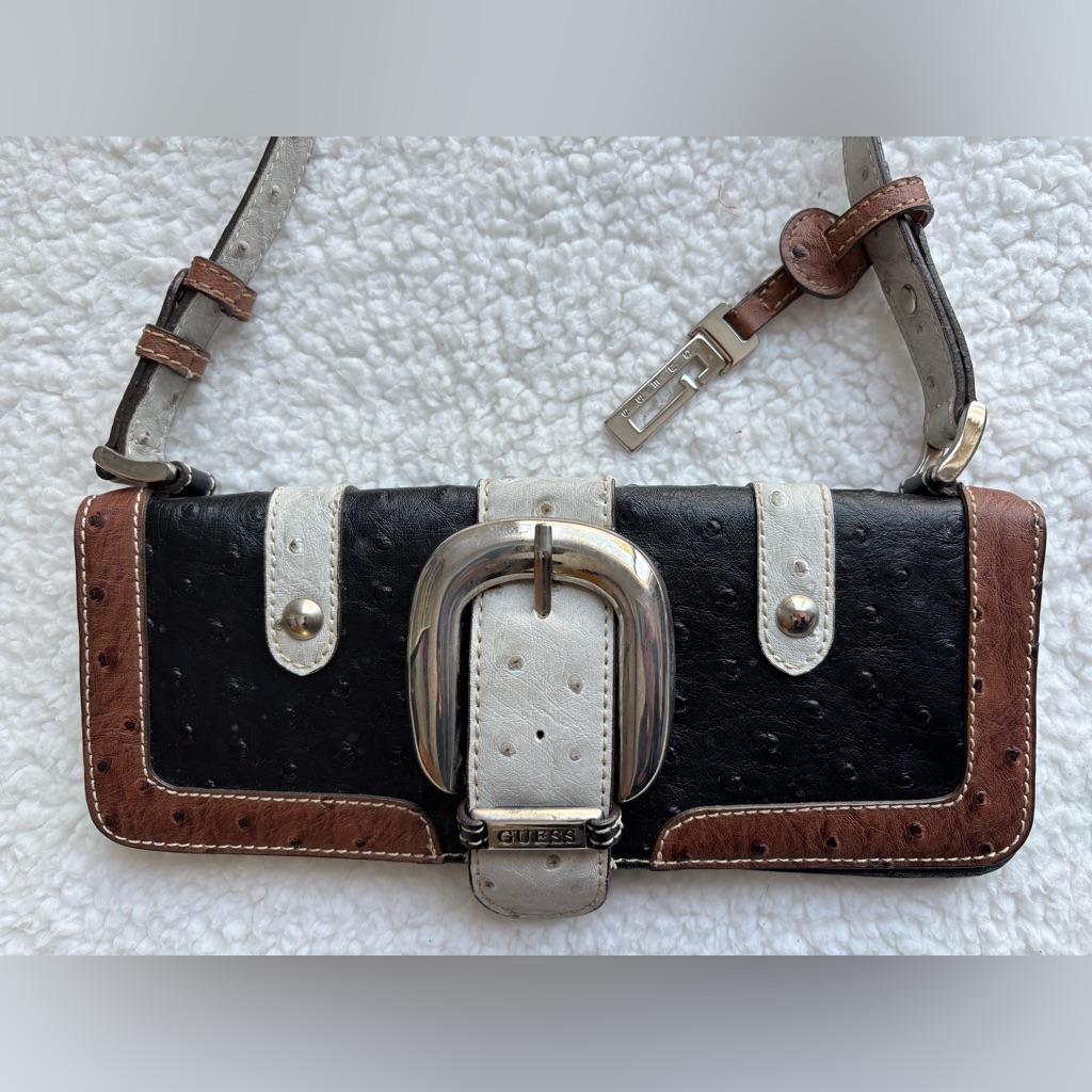Guess Vintage Y2k Black And Brown Leather Mini Shoulder Bag Silver Buckle &Charm